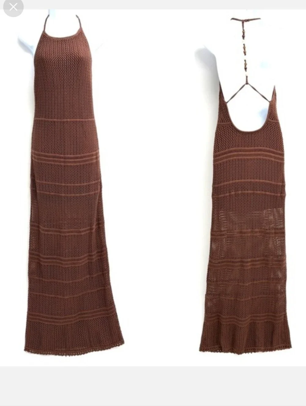 Abercrombie & Fitch Beaded Crochet Style Maxi Dress Halter I Brown Resortwear XL